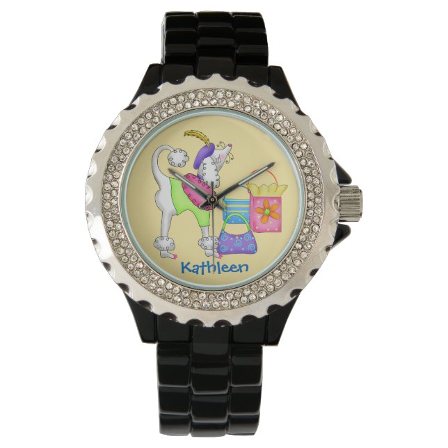 Shopping Poodle Whimsy Hund Art Gelb Armbanduhr (Vorderseite)