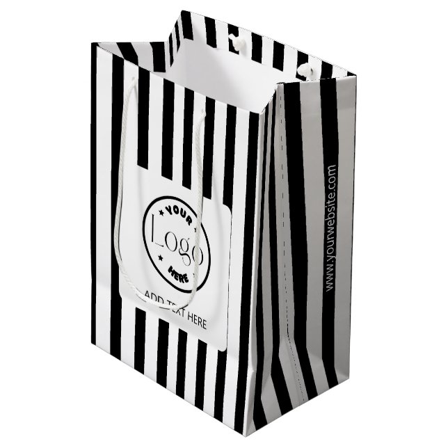 Shopping von Logos für Schwarzweiß-Streifen Mittlere Geschenktüte (Vorderseite Schrägansicht)