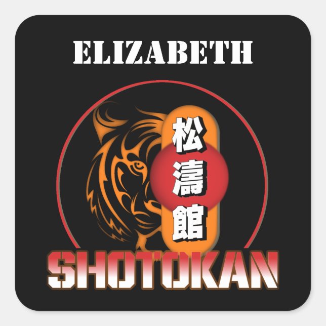 Shotokan Karate Tiger und japanisches Kanji Ihr Na Quadratischer Aufkleber (Vorderseite)
