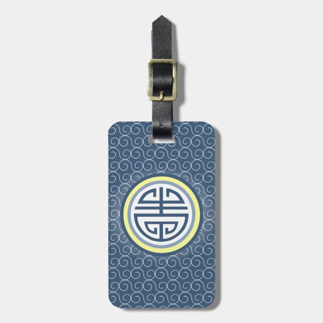 Shou Chinese Longevity Symbol - Blau und Gelb Gepäckanhänger (Vorderseite vertikal)