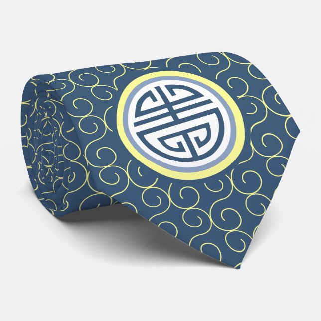 Shou Chinese Longevity Symbol - Blau und Gelb Krawatte (Gerollt)