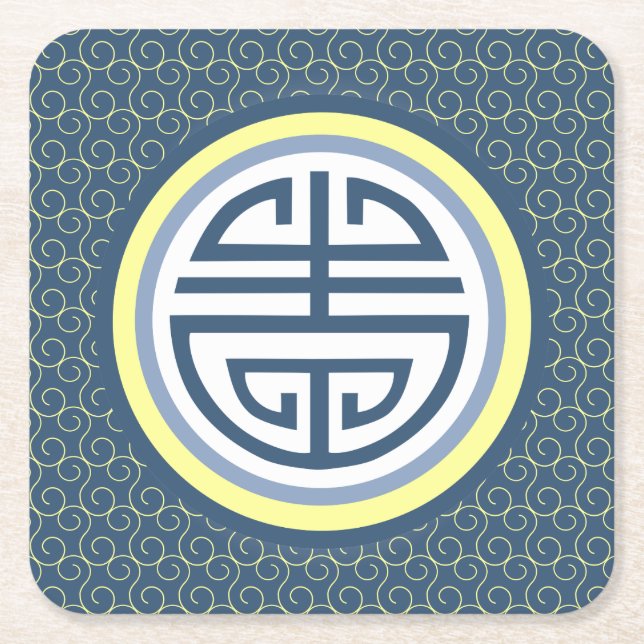 Shou Chinese Longevity Symbol - Blau und Gelb Rechteckiger Pappuntersetzer (Vorderseite)
