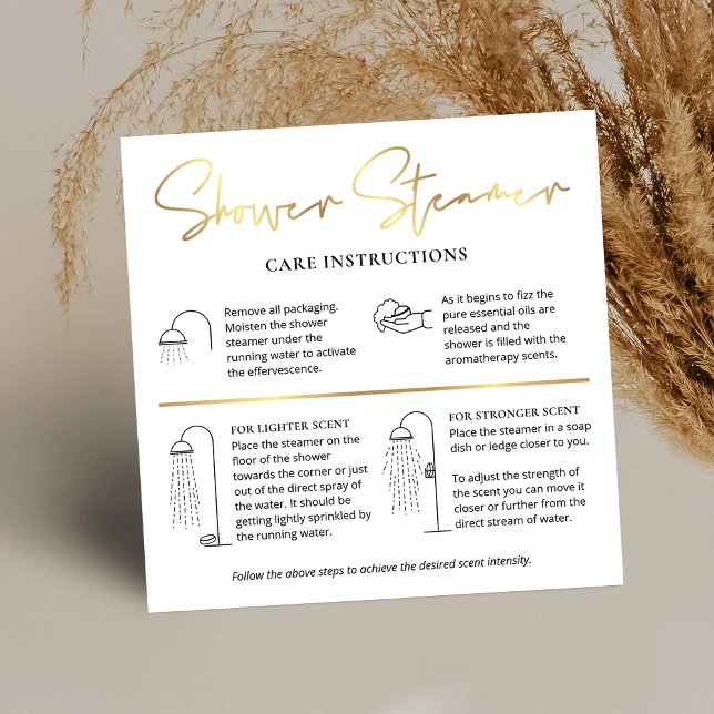 Shower Steamer Fizzer Care Guide White & Gold Logo Quadratische Visitenkarte (Elegant shower steamer instructions cards with care icons and faux gold effects)