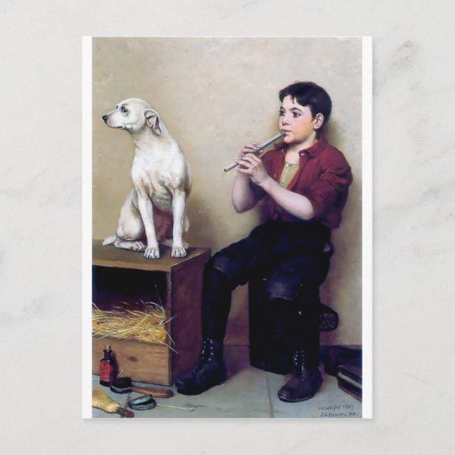 Showschienenjunge mit Flöte und seinem Hund Postkarte (Vorderseite)