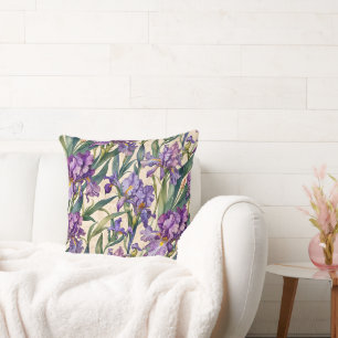 Showy Lila Iris auf Ecru Scroll Kissen