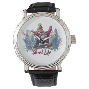 Shred Life - Cooler Gnom beim Skateboardfahren Armbanduhr