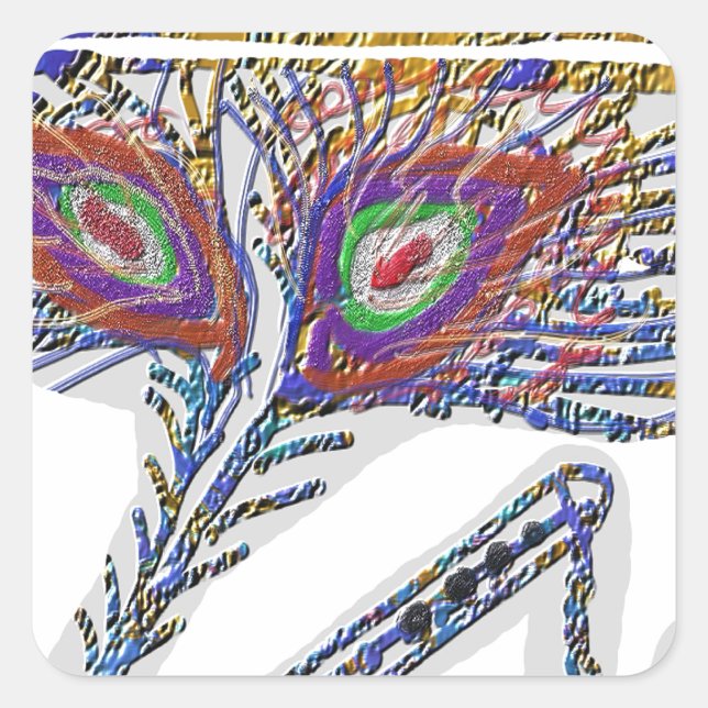 Shri KRISHNA: FLUTE, Peacock Feather, Makhan Quadratischer Aufkleber (Vorderseite)