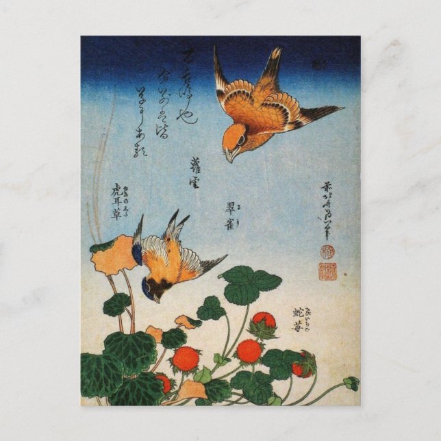 Shrike, Jay, Saxibrech und Strawberry (von Hokusai Postkarte (Vorderseite)