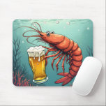 Shrimp Holding a Glass of Beer Mousepad<br><div class="desc">A cartoon shrimp is holding a glass of beer while swimming in the ocean,  surrounded by bubbles and coral</div>
