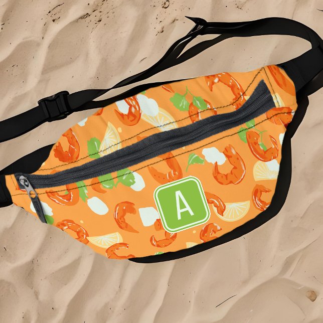 Shrimp Seafood Monogram Lemon Orange Summer Food Bauchtasche (Tropical shellfish Mexican shrimp pattern backpack for seafood lovers Summer travel)