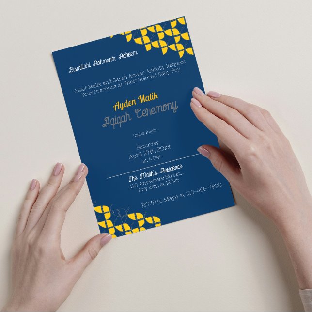 SHRIMPLY Blue Yellow Pattern, Aqiqah Baby Dusche Einladung (Von Creator hochgeladen)