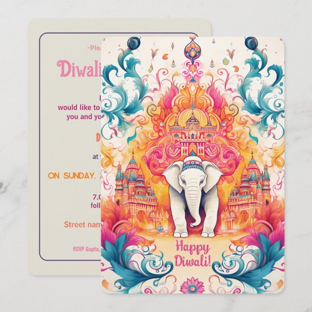 🐘 Shubh Diwali mit Watercolor Elegance Einladung (Vorne/Hinten)