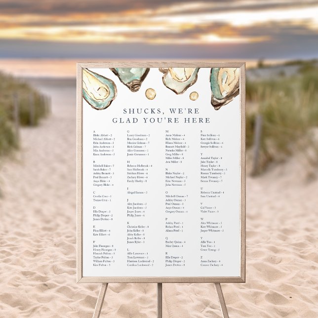 "Shucks" Coastal Oyster Alphabetische Seekarte Poster (Coastal oyster alphabetical wedding seating chart)