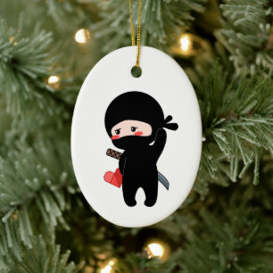 Shy Blushing Ninja Holding Origami Paper Heart Keramik Ornament