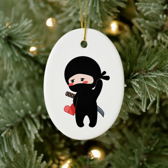 Shy Blushing Ninja Holding Origami Paper Heart Keramik Ornament (Baum)