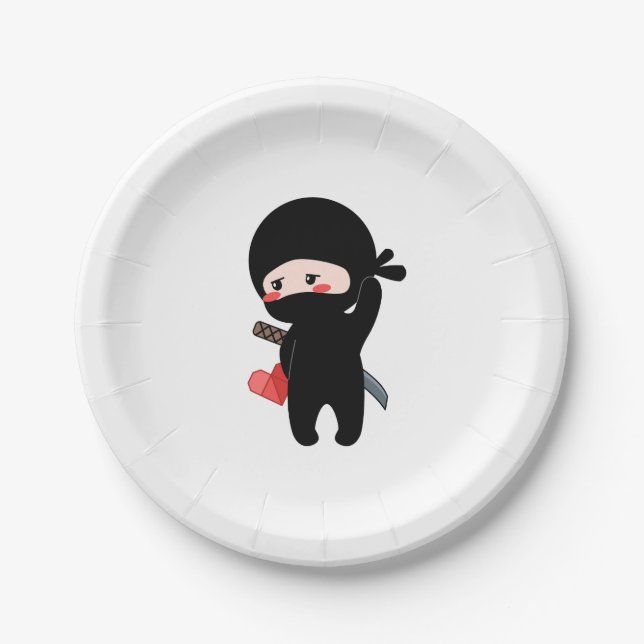 Shy Blushing Ninja Holding Origami Paper Heart Pappteller (Vorderseite)