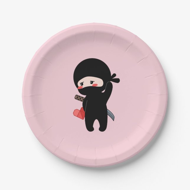 Shy Blushing Ninja Holding Origami Paper Heart Pnk Pappteller (Vorderseite)