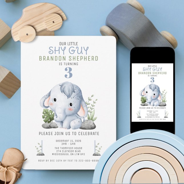 Shy Guy Elephant Birthday Invitation Einladung (Baby Elephant theme birthday invitation)