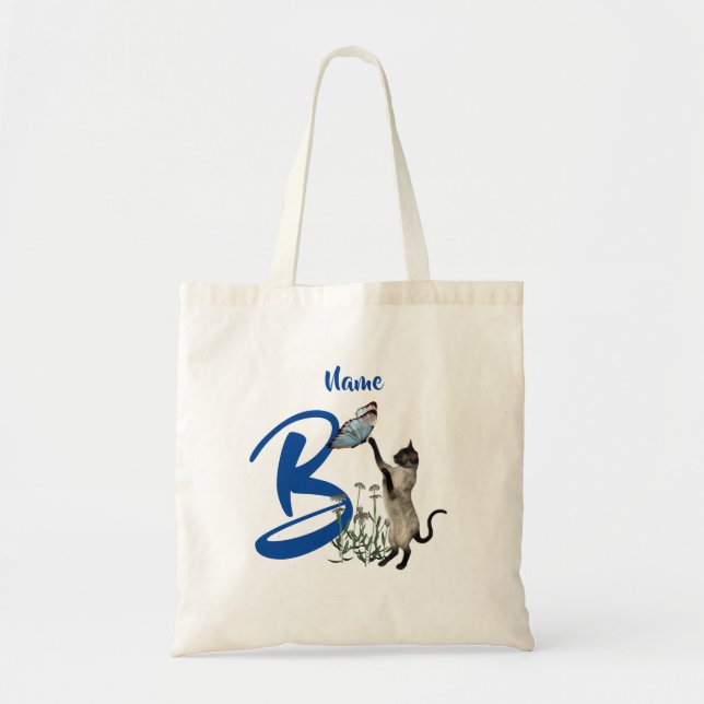 Siam Cat Butterfly Monogram Initial B Name Tragetasche (Vorne)