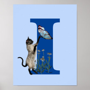 Siam Cat Butterfly Monogram Initial I Poster