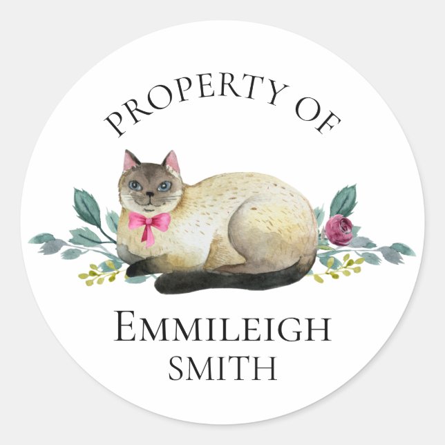 Siam Cat Floral Property of Buchzeichen Runder Aufkleber (Vorderseite)