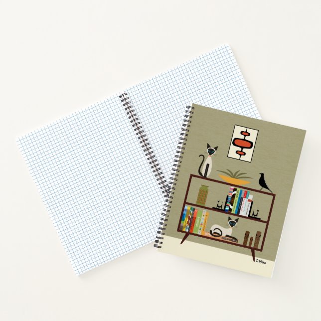 Siam Cat on Bookcase Mitte Jahrhundert Notizbuch (Innenseite)