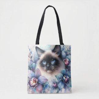 Siamese Cat and Orchid Flowers Watercolor Tasche