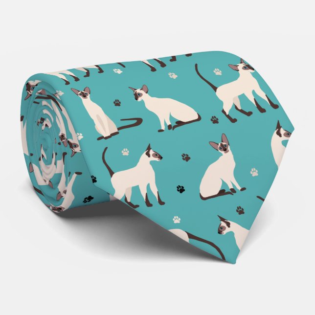 Siamese Cat and Paws Blue Neck Tie Krawatte (Gerollt)