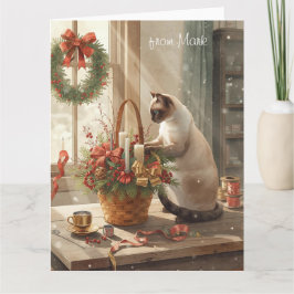 Siamese Cat arranging Flowers for WinterChristmas  Karte
