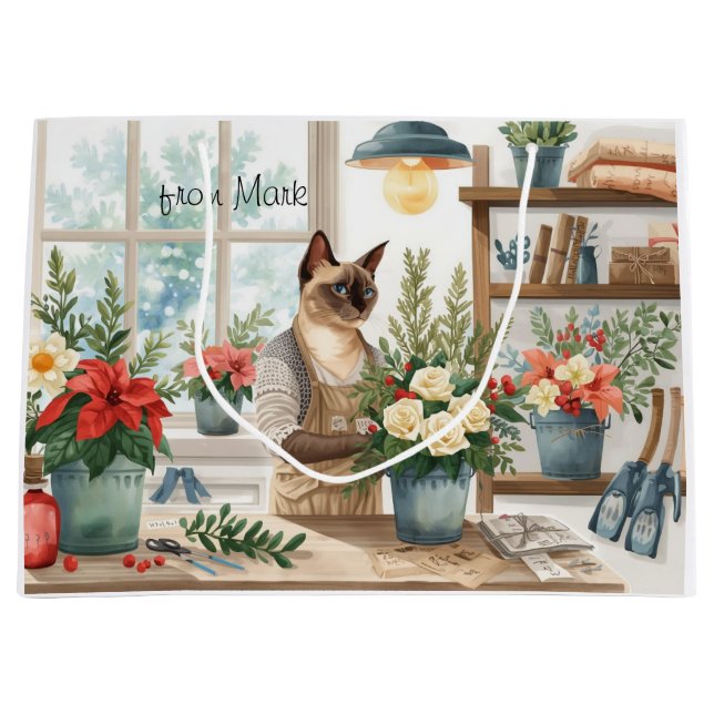 Siamese Cat arranging Flowers Winter Christmas  Große Geschenktüte (Vorderseite)