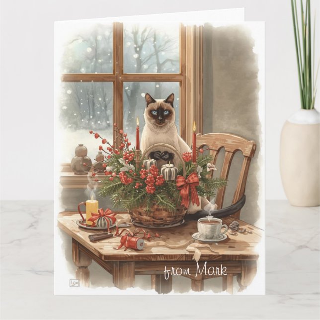 Siamese Cat arranging Flowers Winter Christmas  Karte (Vorderseite)