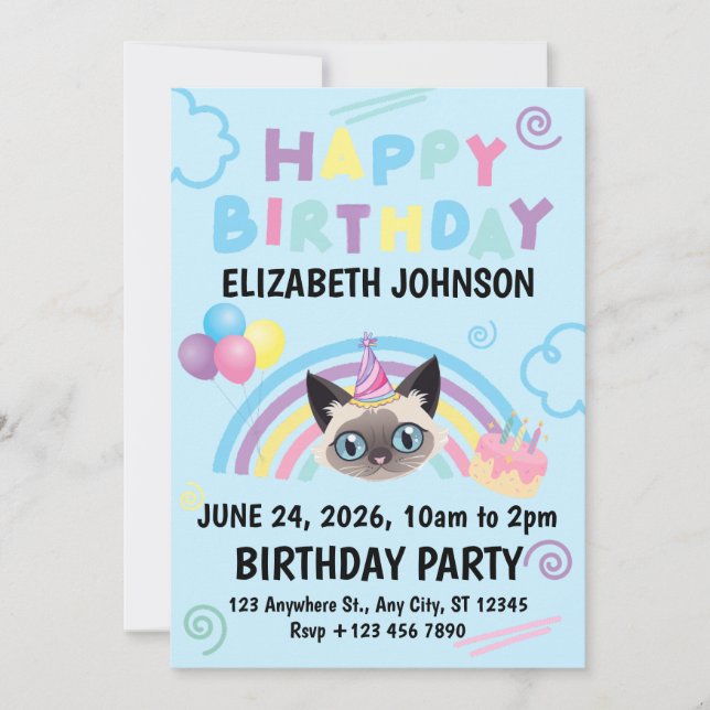 Siamese Cat Birthday Party Invitation Blue Einladung (Vorderseite)