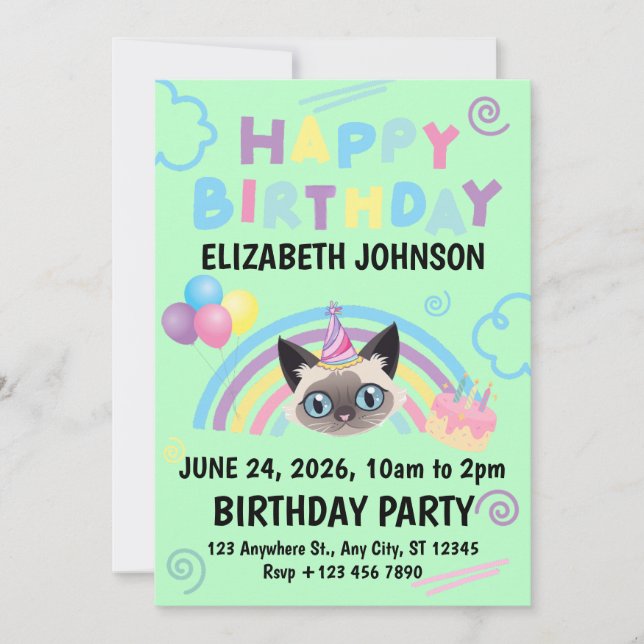 Siamese Cat Birthday Party Invitation Green Einladung (Vorderseite)