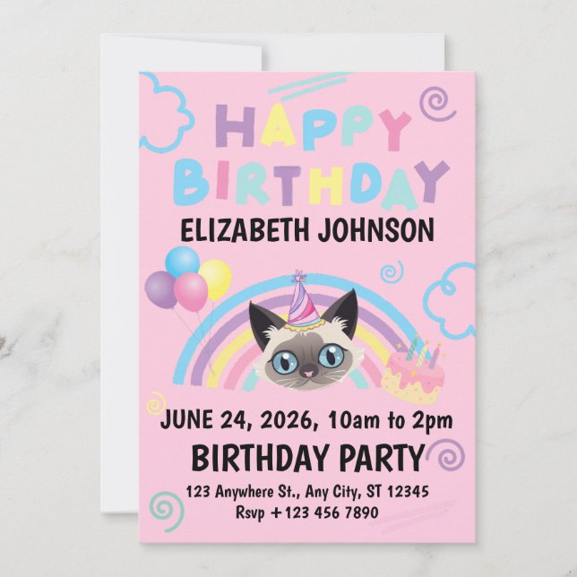 Siamese Cat Birthday Party Invitation Pink Einladung (Vorderseite)