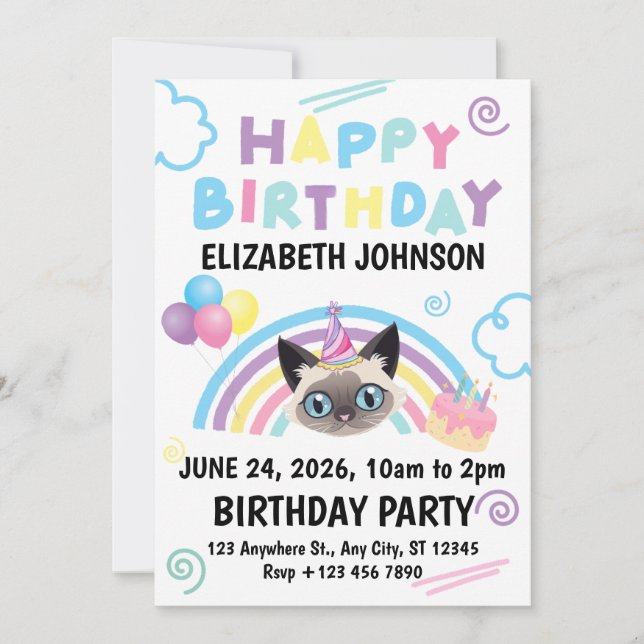 Siamese Cat Birthday Party Invitation White Einladung (Vorderseite)