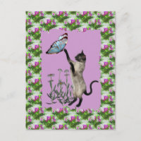 Siamese Cat Blue Butterfly Daisies Postcard