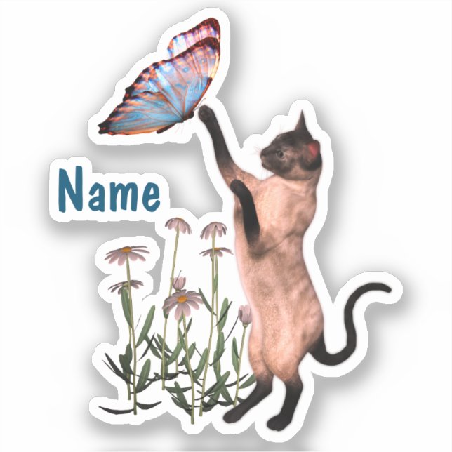 Siamese Cat Blue Butterfly Niedlich Personalisiert Aufkleber (Vorderseite)