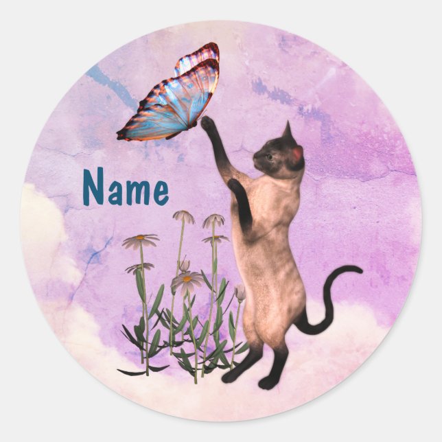 Siamese Cat Blue Butterfly Niedlich Personalisiert Runder Aufkleber (Vorderseite)