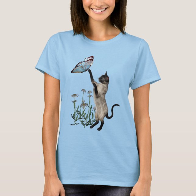 Siamese Cat Butterfly Daisy Blume T-Shirt (Vorderseite)
