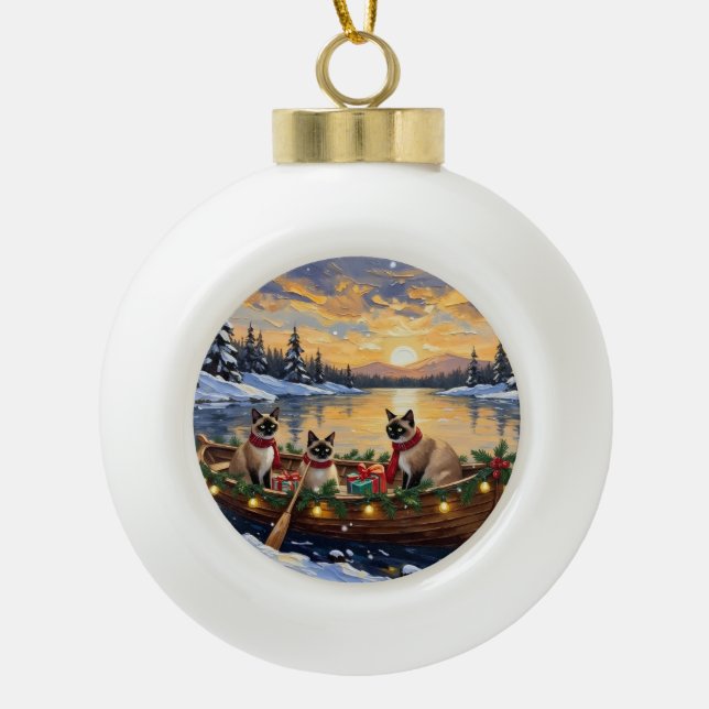 Siamese Cat Christmas Boat Holiday Keramik Kugel-Ornament (Vorderseite)