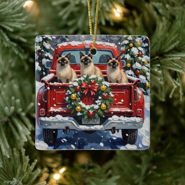 Siamese Cat Christmas Red Truck Holiday Keramikornament (Baum)