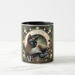 Siamese Cat Floral Green Art Nouveau Tasse