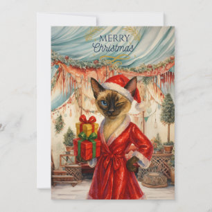 Siamese Cat hält Weihnachtsgeschenke ab Feiertagskarte