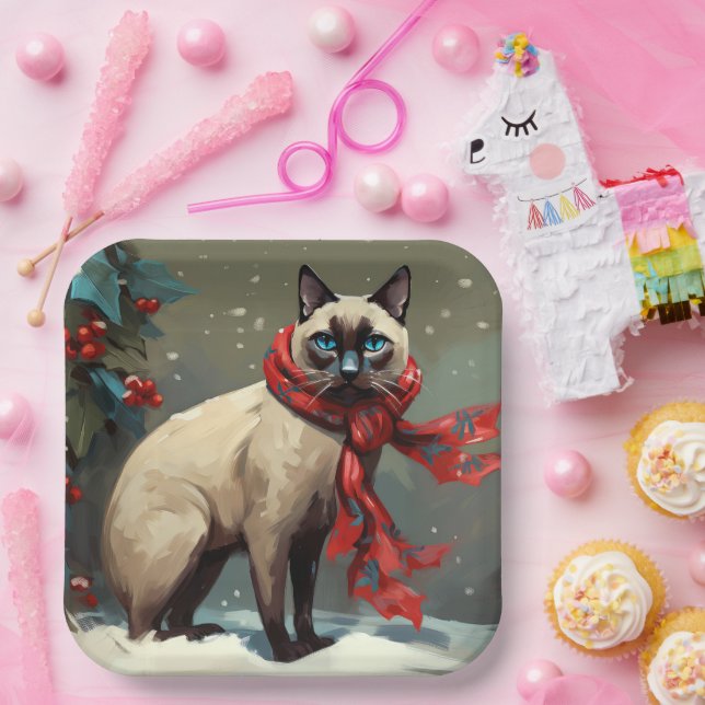 Siamese Cat in Schnee Weihnachten Pappteller (Party)