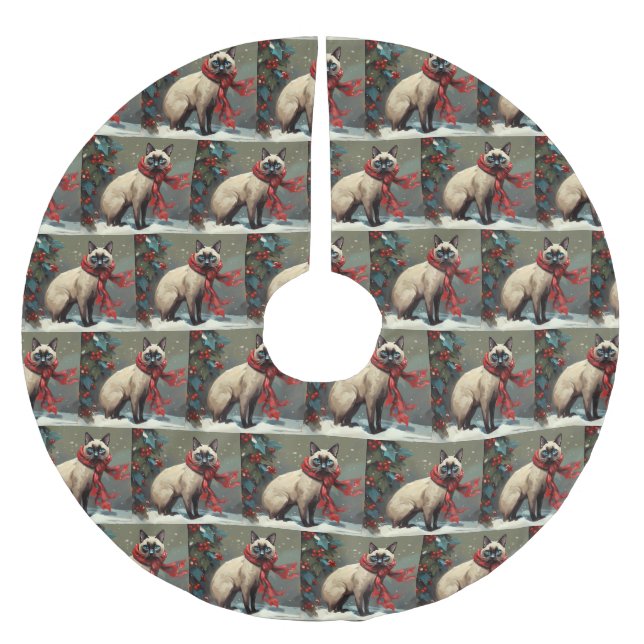 Siamese Cat in Schnee Weihnachten Polyester Weihnachtsbaumdecke (Vorderseite)