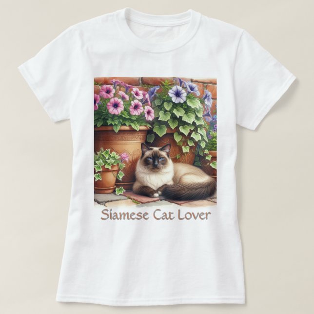 Siamese Cat Lover / Pink Petunia Blume T-Shirt (Design vorne)