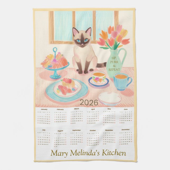 Siamese Cat & Tea Party Kitchen Towel Calendar Geschirrtuch (Vertikal)