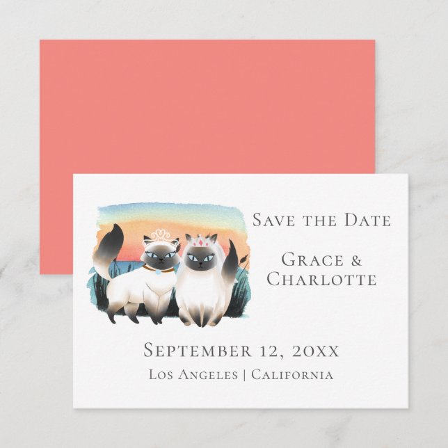 Siamese Cats Gay Lesbian Couple Save the Date Einladung (Vorne/Hinten)