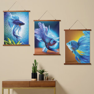 Siamese Fish Hanging Tapestry Wandteppich Mit Holzrahmen
