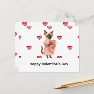 Siamese-Katze bringt Rosen zum Valentinstag Postkarte